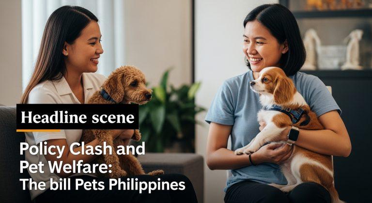 Editorial illustration of a Philippine pet owner at a veterinary clinic considering a new policy on pet welfare.