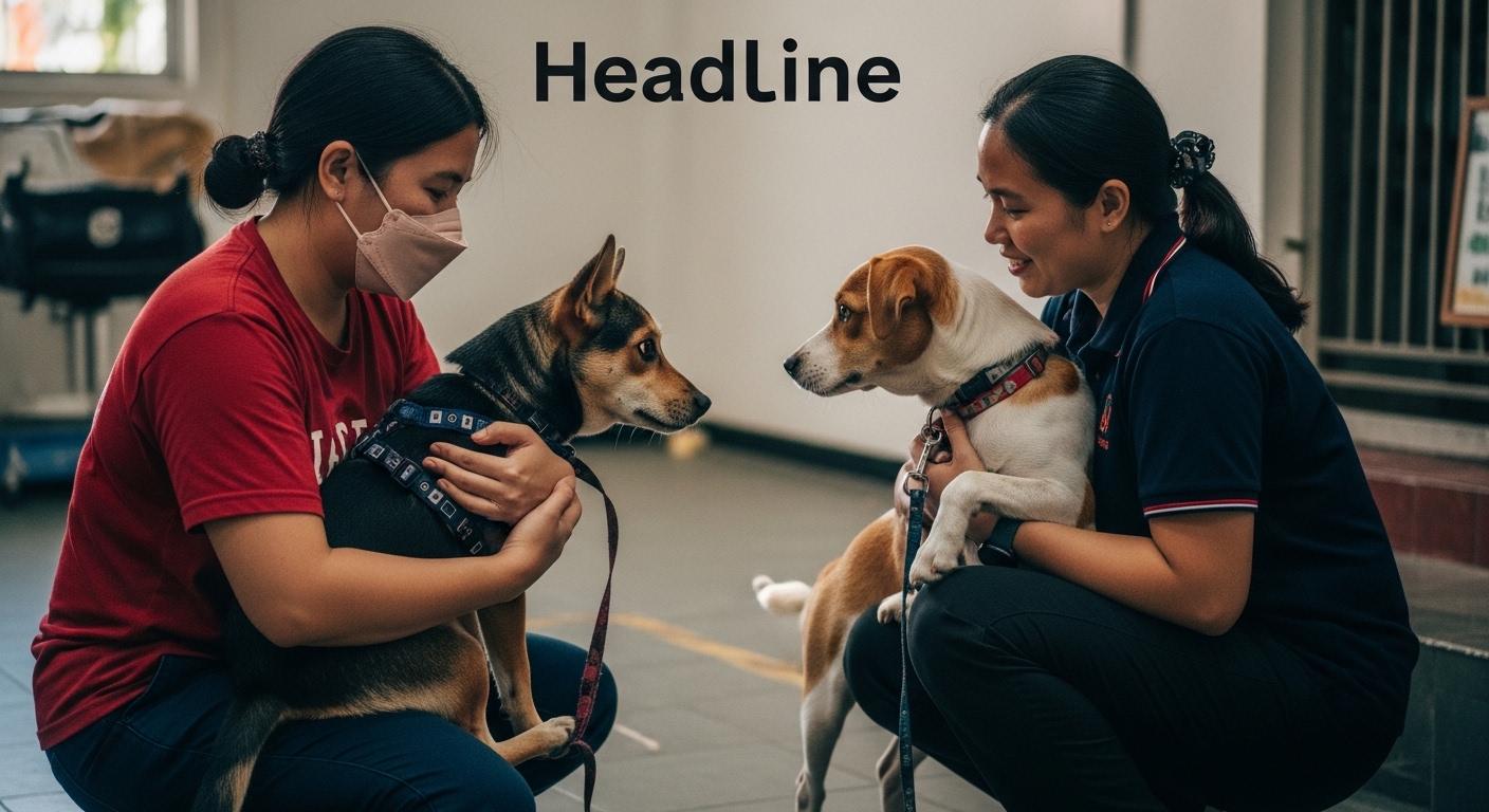 Filipino pet owner and volunteers at a barangay shelter caring for dogs and cats