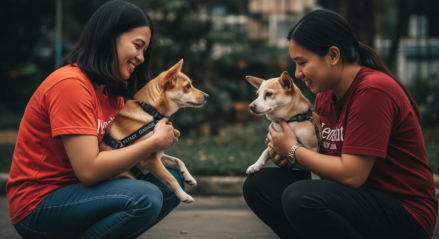 Filipino pet owner and volunteers at a barangay shelter caring for dogs and cats