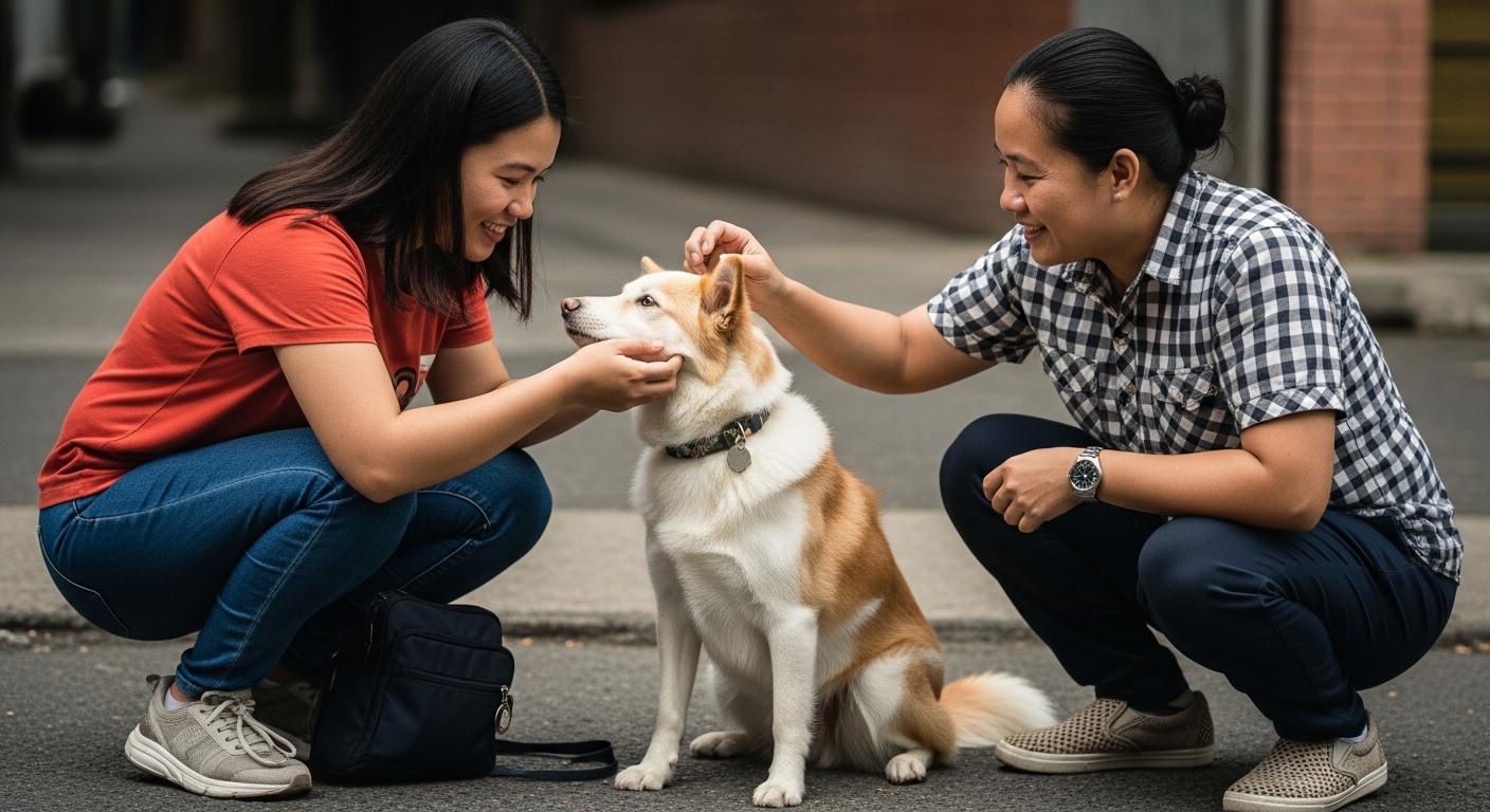Urban Philippines street scene with a dog and owner, illustrating everyday pet companionship in a city environment.