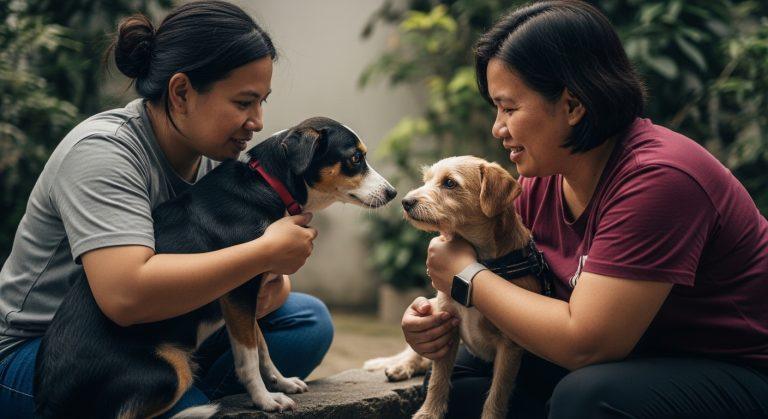 Filipino family with pets in a disaster evacuation shelter.