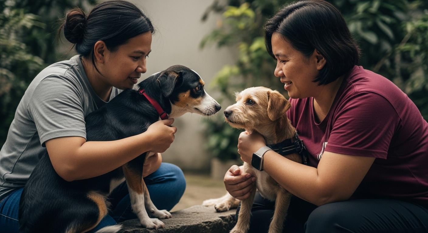 Filipino family with pets in a disaster evacuation shelter.