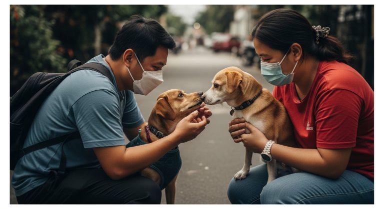 Filipino family with pets in a disaster evacuation shelter.