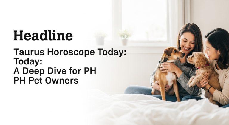 Filipino pet owner reading taurus horoscope today on a phone with a pet nearby in a cozy home setting.