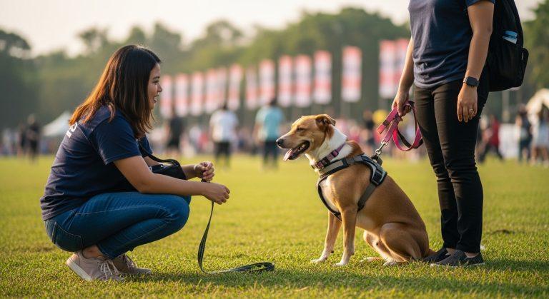 Dog in a park with festival banners symbolizing pet safety at large events.
