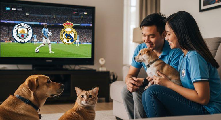 Philippine living room with pets watching Man City vs Real Madrid on a television