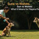 Filipino pet owner providing shade and water to a sun-exposed dog in a tropical garden with a wolf-like dog nearby