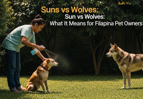 Filipino pet owner providing shade and water to a sun-exposed dog in a tropical garden with a wolf-like dog nearby