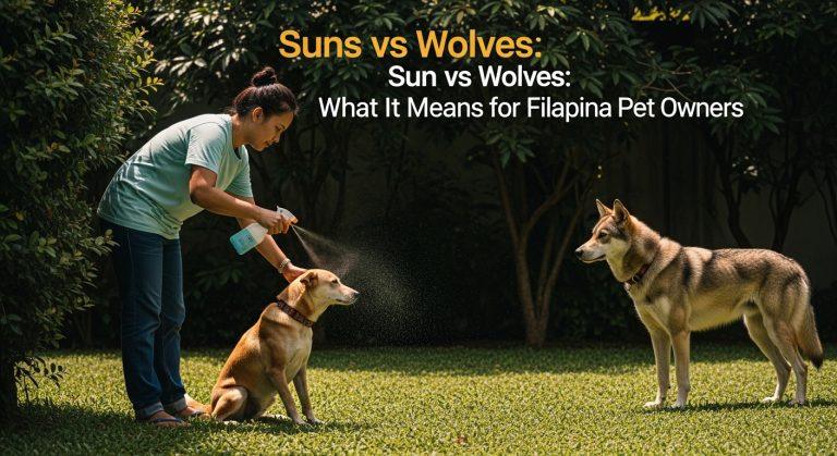 Filipino pet owner providing shade and water to a sun-exposed dog in a tropical garden with a wolf-like dog nearby